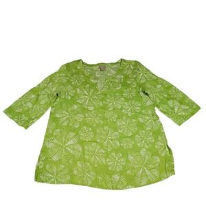 J.jill Linen Tunic Womens L Green Floral 3/4 sleeve tropical beach cruise Preppy